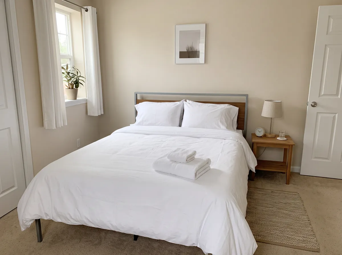 Guest bedroom with fresh linens and folded towels
