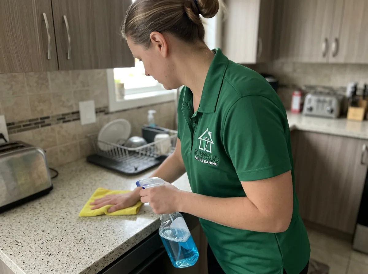 Emerald Pro Cleaning cleaner wiping kitchen counters